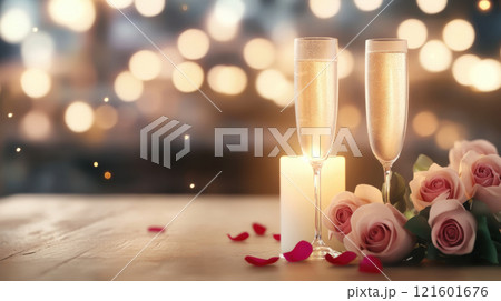 Valentine day concept. Romantic champagne glasses with roses and candlelight on wooden table Valentine day concept. Romantic champagne glasses with roses and candlelight on wooden table 121601676