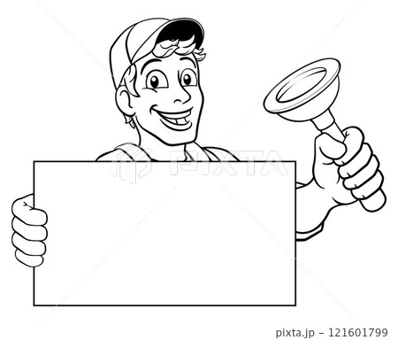 Plumber Plunger Tool Cartoon Plumbing Man Handyman 121601799