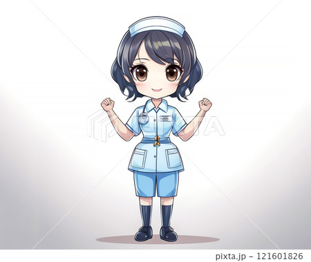 ちびキャラ　看護師の衣装を着た女性のイメージ素材　ガッツポーズ 121601826