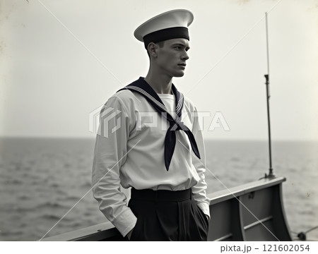 Sailor stands on the deck looking out at the calm sea during an overcast day 121602054