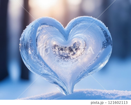 Ice heart sculpture glistens in winter landscape during sunset Ice heart sculpture glistens in winter landscape during sunset 121602113