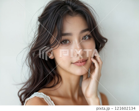 Young woman with long hair softly posing against a pale background in natural light 121602134