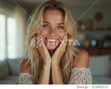 Smiling woman with long hair enjoys a warm moment in a cozy interior space 121602135