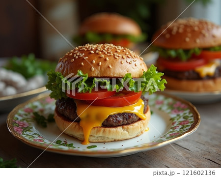 Juicy cheeseburger with fresh toppings served on a floral plate in cozy restaurant setting 121602136