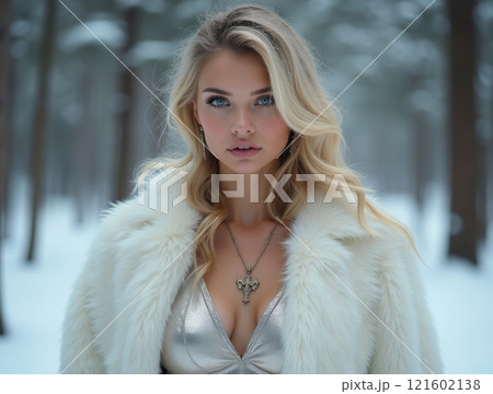 Elegant woman in a winter forest wearing a fur coat and silver dress amidst falling snow 121602138