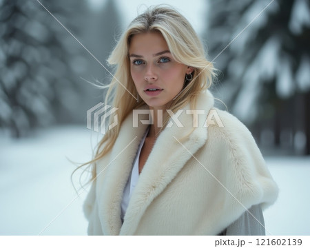 Winter portrait of a woman in a fur coat surrounded by snowy trees in a serene landscape 121602139