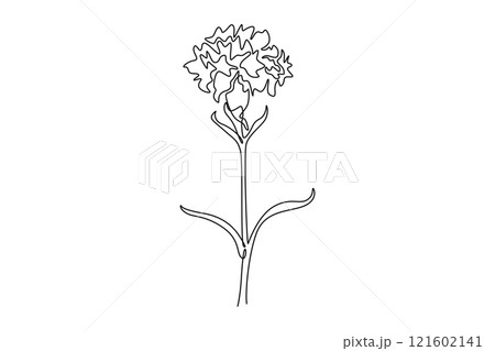 Single one line drawing of beauty fresh carnation for home wall decor poster print art. Decorative clove pink flower concept for greeting card. Continuous line draw design graphic vector illustration 121602141