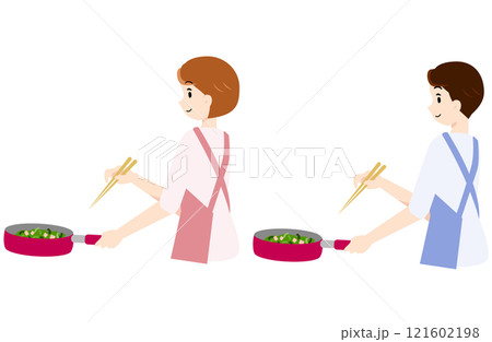野菜炒めを作る男女 121602198