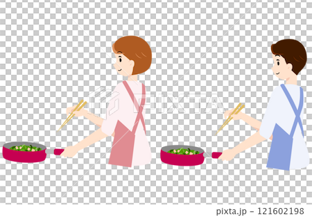 Men and women making stir-fried vegetables 121602198
