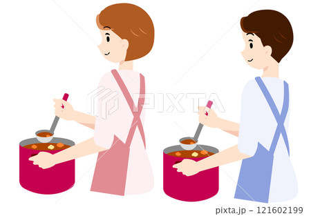 鍋でカレーを作る男女 鍋でカレーを作る男女 121602199