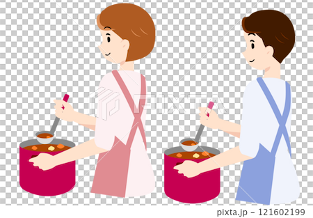 鍋でカレーを作る男女 鍋でカレーを作る男女 121602199