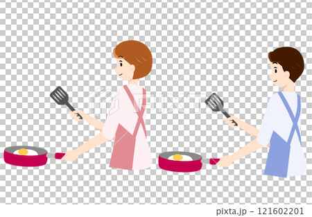 目玉焼きを作る男女 目玉焼きを作る男女 121602201