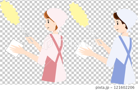 ホコリ取りと雑巾を持った男女 121602206