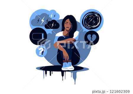 Depressed sad black skinned woman thinking over problems. Bankruptcy, loss, crisis, burnout syndrome, relationship trouble concept. Vector illustration. Flat. 121602309