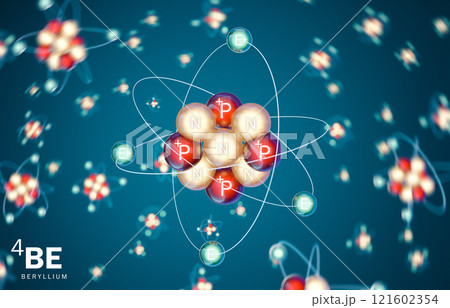 3D model of beryllium (Be) A chemical element with atomic number 4, a metal belonging to the second main group of the periodic table. It is relatively rare in the Universe	 121602354