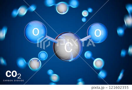 3D model of carbon dioxide (CO2) molecule. Two atoms of oxygen and one atom of carbon. 3D rendering.	 121602355