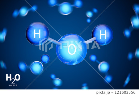 3D model of water (H2O) molecule. Two atoms of hydrogen and one atom of oxygen. 3D rendering.	 121602356