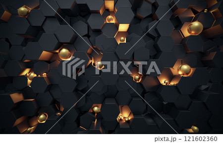 Abstract 3D Dark hexagon wallpaper or background with golden sphere lightened Abstract 3D Dark hexagon wallpaper or background with golden sphere lightened 121602360