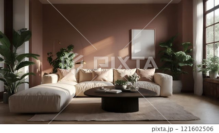 Cozy living room featuring a mocha mousse interior with large windows, stylish furniture, and green plants for a serene atmosphere 121602506