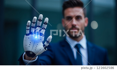 Futuristic man with robotic hand showcasing technology in a modern urban setting during daytime 121602586