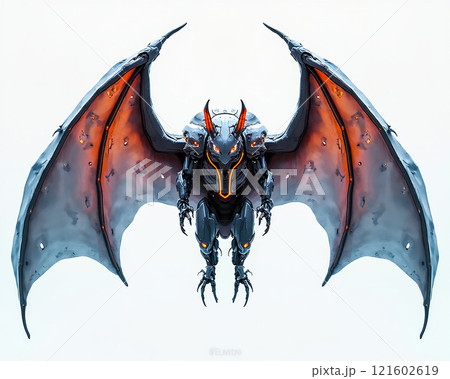 Robotic dragon creature with metallic wings and glowing accents in a futuristic design 121602619