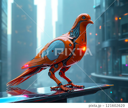 Metallic pigeon perches on railing in futuristic cityscape surrounded by skyscrapers at dusk Metallic pigeon perches on railing in futuristic cityscape surrounded by skyscrapers at dusk 121602620
