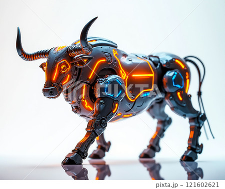 Futuristic robotic bull with glowing accents in dynamic pose against a minimal backdrop Futuristic robotic bull with glowing accents in dynamic pose against a minimal backdrop 121602621