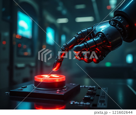 Robotic hand poised to press a glowing red button in a futuristic control room during the late evening 121602644