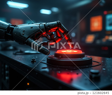 Robot hand reaching for a glowing button in a futuristic control room with high-tech equipment 121602645