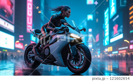 Female rider accelerates through neon-lit city streets during rainy night 121602654