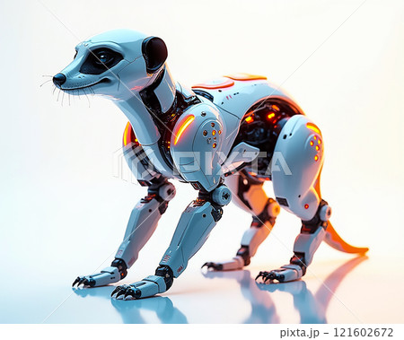 Robot animal design showcasing a futuristic mechanical meerkat in a bright, modern setting Robot animal design showcasing a futuristic mechanical meerkat in a bright, modern setting 121602672