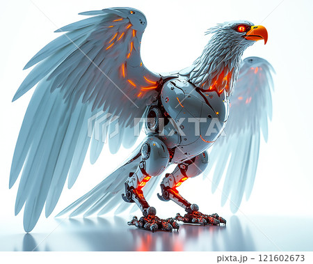 Futuristic robotic eagle with glowing elements showcasing advanced technology and design Futuristic robotic eagle with glowing elements showcasing advanced technology and design 121602673