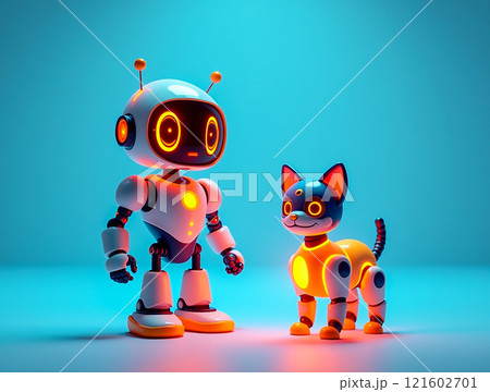 Robots interact with a glowing cat in a futuristic setting during a playful moment 121602701