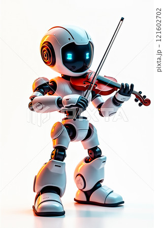 Robot performing with a violin in a modern, high-tech setting illuminated by soft lights Robot performing with a violin in a modern, high-tech setting illuminated by soft lights 121602702