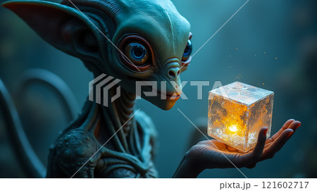 Fantasy creature holds glowing cube in mystical forest during twilight 121602717