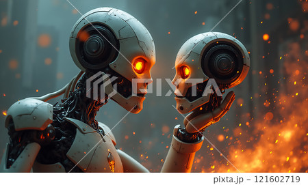 Robot examines a smaller robotic head in a fiery, futuristic setting illustrating innovation and curiosity Robot examines a smaller robotic head in a fiery, futuristic setting illustrating innovation and curiosity 121602719