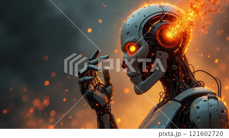 Robot with fiery eyes and glowing circuitry demonstrates advanced technology in a futuristic landscape Robot with fiery eyes and glowing circuitry demonstrates advanced technology in a futuristic landscape 121602720