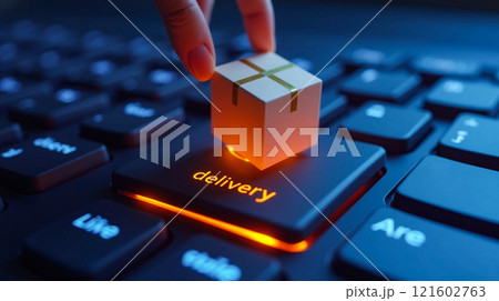 Hand placing small gift box on keyboard highlighting delivery function for online shopping 121602763