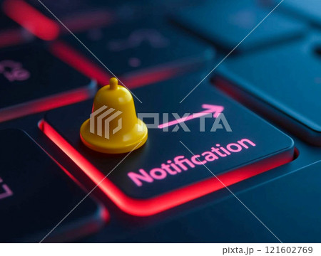Notice of notifications with a yellow bell on a keyboard highlighting digital interactions and connectivity 121602769
