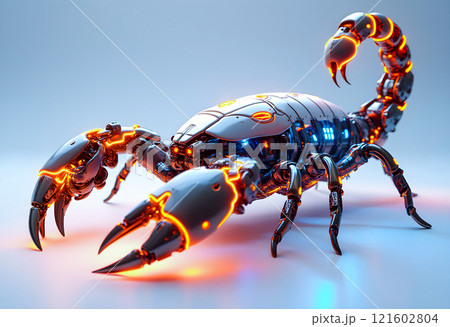 Futuristic robotic scorpion with glowing features in a sleek, modern environment showcasing advanced technology Futuristic robotic scorpion with glowing features in a sleek, modern environment showcasing advanced technology 121602804