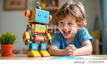Excited child plays with colorful robot toy in bright indoor setting 121602805