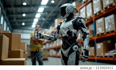 Robot assists worker in warehouse setting with boxes stacked high on shelves in a modern facility 121602811