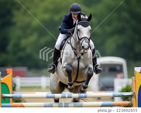 Equestrian athlete competes in show jumping event at a rural equestrian facility during summer Equestrian athlete competes in show jumping event at a rural equestrian facility during summer 121602855