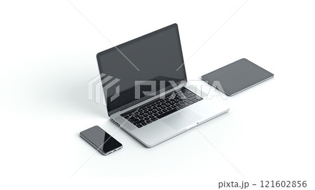 Modern workspace setup with laptop, smartphone, and tablet on clean white background Modern workspace setup with laptop, smartphone, and tablet on clean white background 121602856