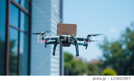Drone delivers package outside modern building on a clear day with blue sky in the background 121602907