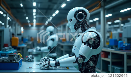 Robots assemble components in a modern factory setting during the daytime 121602943