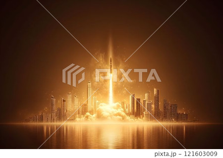 Nuclear rocket launch illuminating a city skyline at dusk 121603009