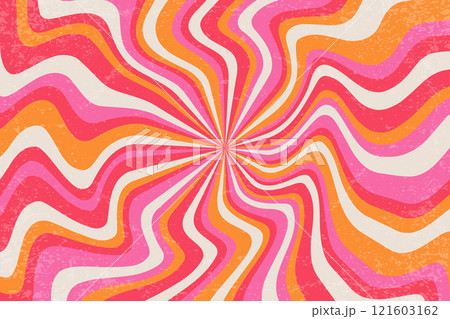 Retro spiral pattern. Vector groovy background with wavy sunrays. Psychedelic radial pink and orange textured abstract stripes. Vintage starburst 70s design. Striped twirl backdrop 121603162