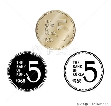 South Korea, 5 won, 1968. Reverse of South Korea five won coin. The coin is depicted in black and white. Vector illustration. 121603352