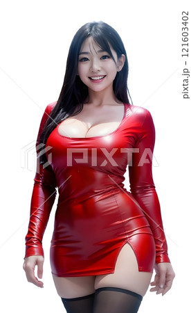体にフィットした赤いラテックスのドレスでエレガントにポーズをとる女性。ドレスには高いスリット 121603402